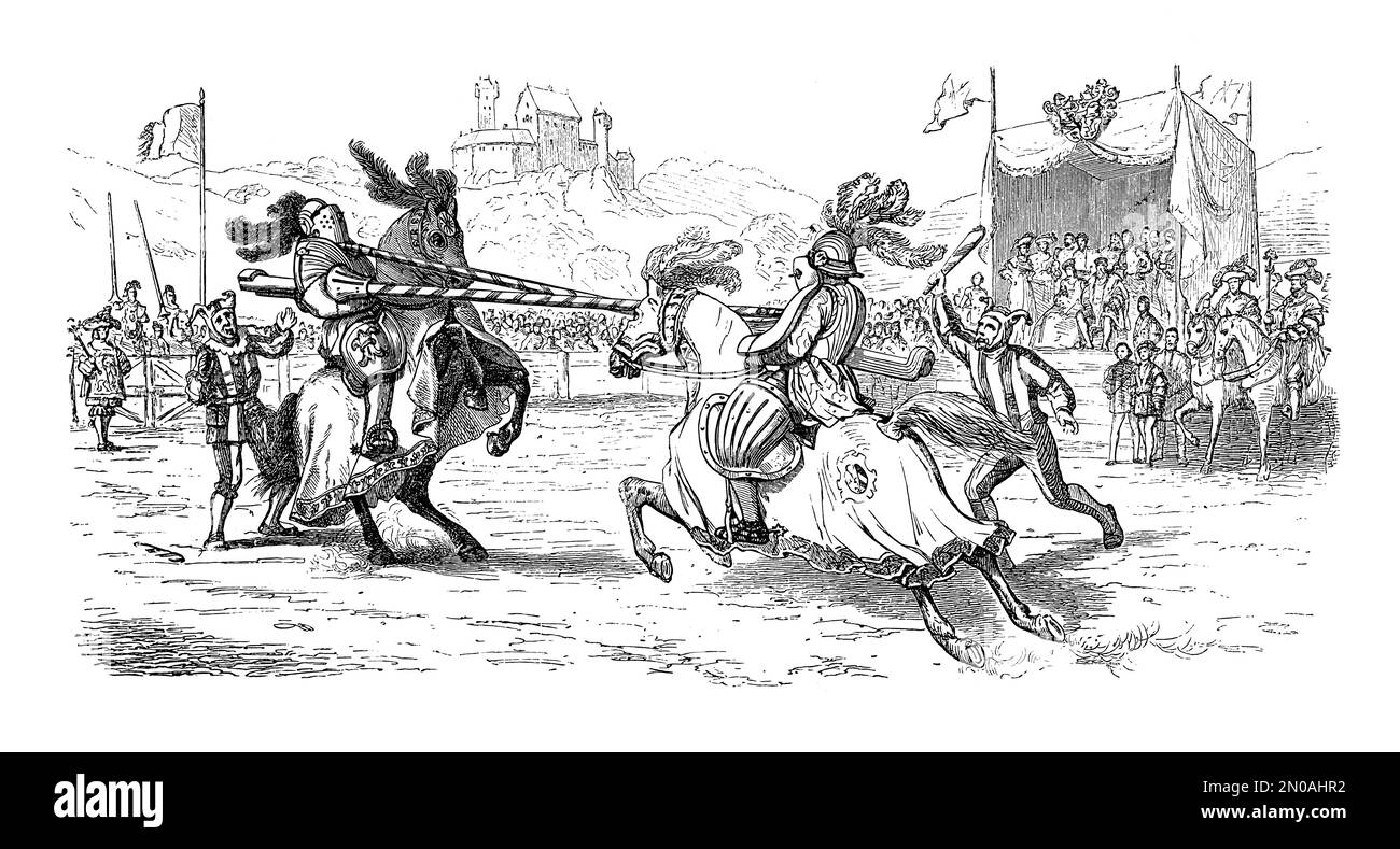 Gravure antique du tournoi médiéval (16th siècle). Illustration publiée dans Systematischer Bilder Atlas - Kriegwesen und Seewesen, Ikonographis Banque D'Images