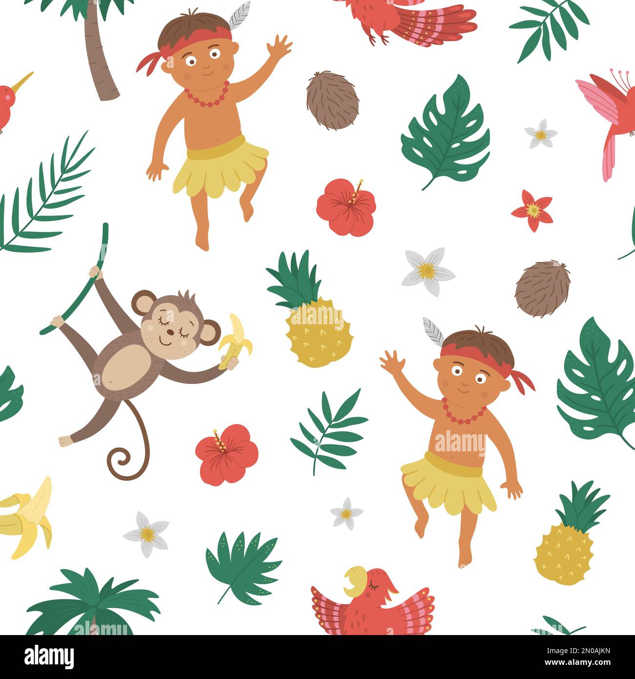 Motif vectoriel sans couture avec garçon africain ou papuan, oiseaux, fleurs, fruits, singe. Joli papier numérique tropical, jungle et exotique. Amusant été répétition Illustration de Vecteur