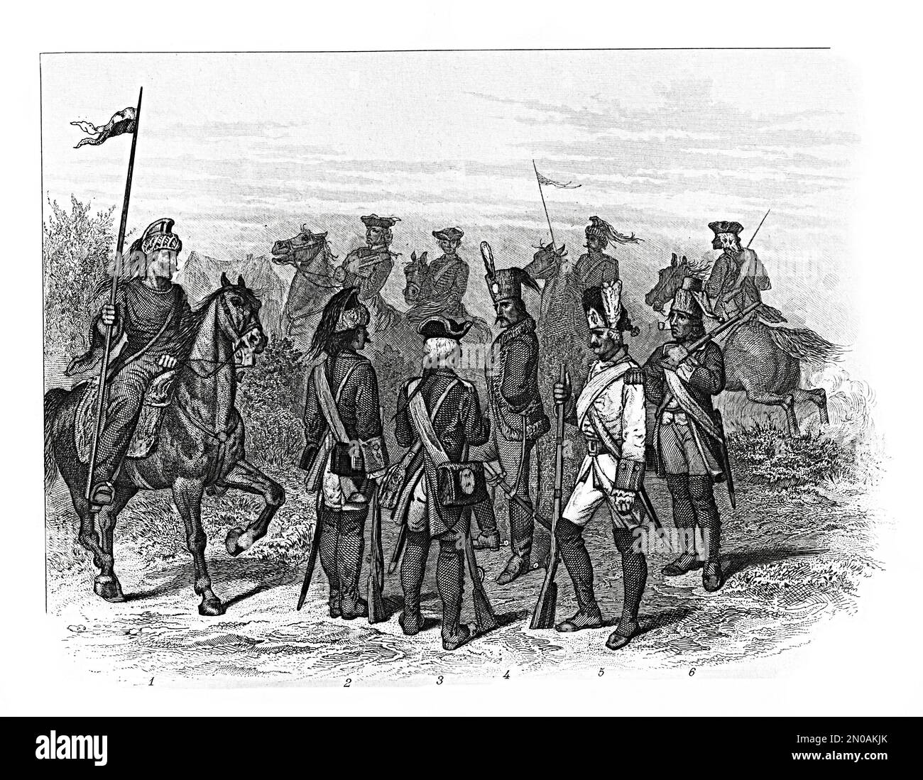 Ancienne illustration de la troupe française datant du 19th siècle, XVIII siècle : 1. Lancer; 2. Dragoon; 3. Soldat d'infanterie; 4. Officier de Hussar; 5. Grenadier; 6. FUSI Banque D'Images