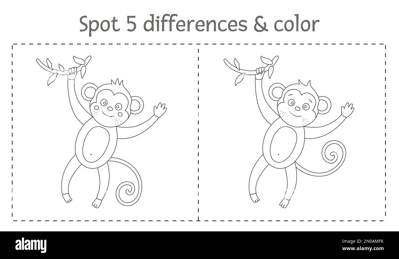 Tropical trouver des différences et jeu de couleurs pour les enfants. Activité préscolaire tropicale noire et blanche d'été avec singe. Page de coloriage amusante pour les enfants Illustration de Vecteur