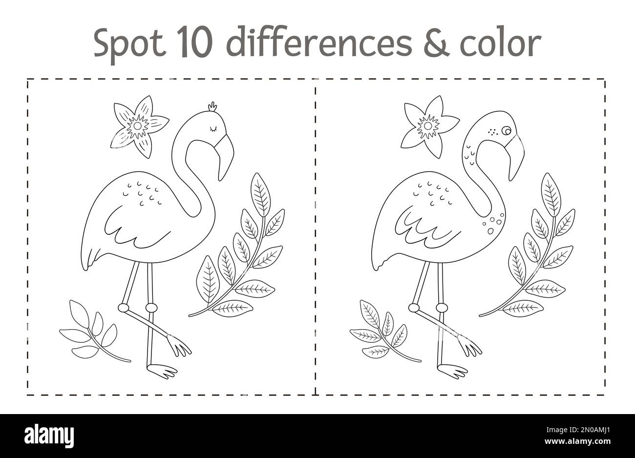 Tropical trouver des différences et jeu de couleurs pour les enfants. Activité préscolaire tropicale noire et blanche d'été avec flamants roses. Page de coloriage amusante pour les enfants Illustration de Vecteur