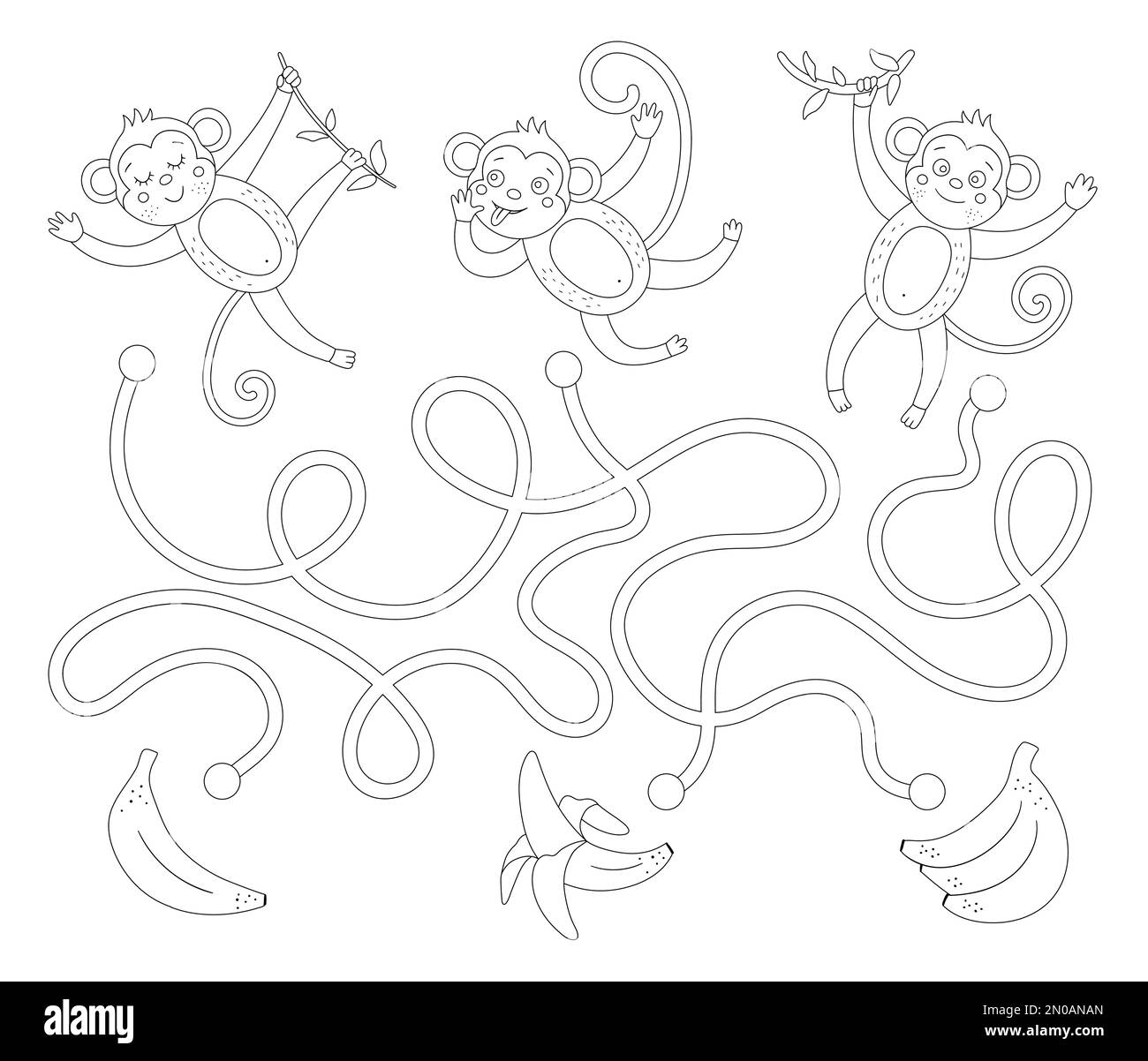 Labyrinthe tropical pour les enfants. Activité exotique préscolaire. Casse-tête dos et jungle blanche avec des singes et des fruits mignons. Dont jeu de banane. Coloriage amusant Illustration de Vecteur