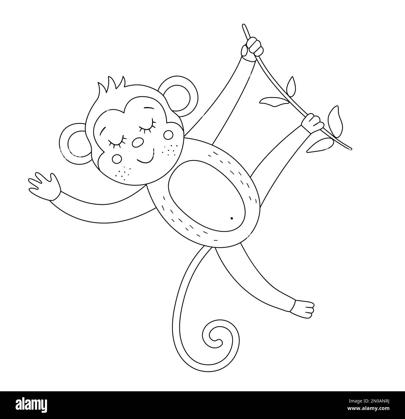 Petit singe Vector suspendu sur un contour de brunch d'arbre. Illustration amusante d'animaux exotiques tropicaux en noir et blanc. Page de coloriage amusante pour les enfants. Jungle Illustration de Vecteur