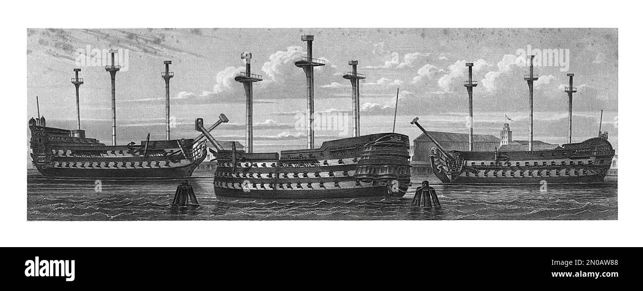 Illustration antique de 19th-siècle représentant les navires européens de la ligne, XVIII-XIX siècle. De gauche à droite : 1. Invincible, navire français de 74 canons de Th Banque D'Images