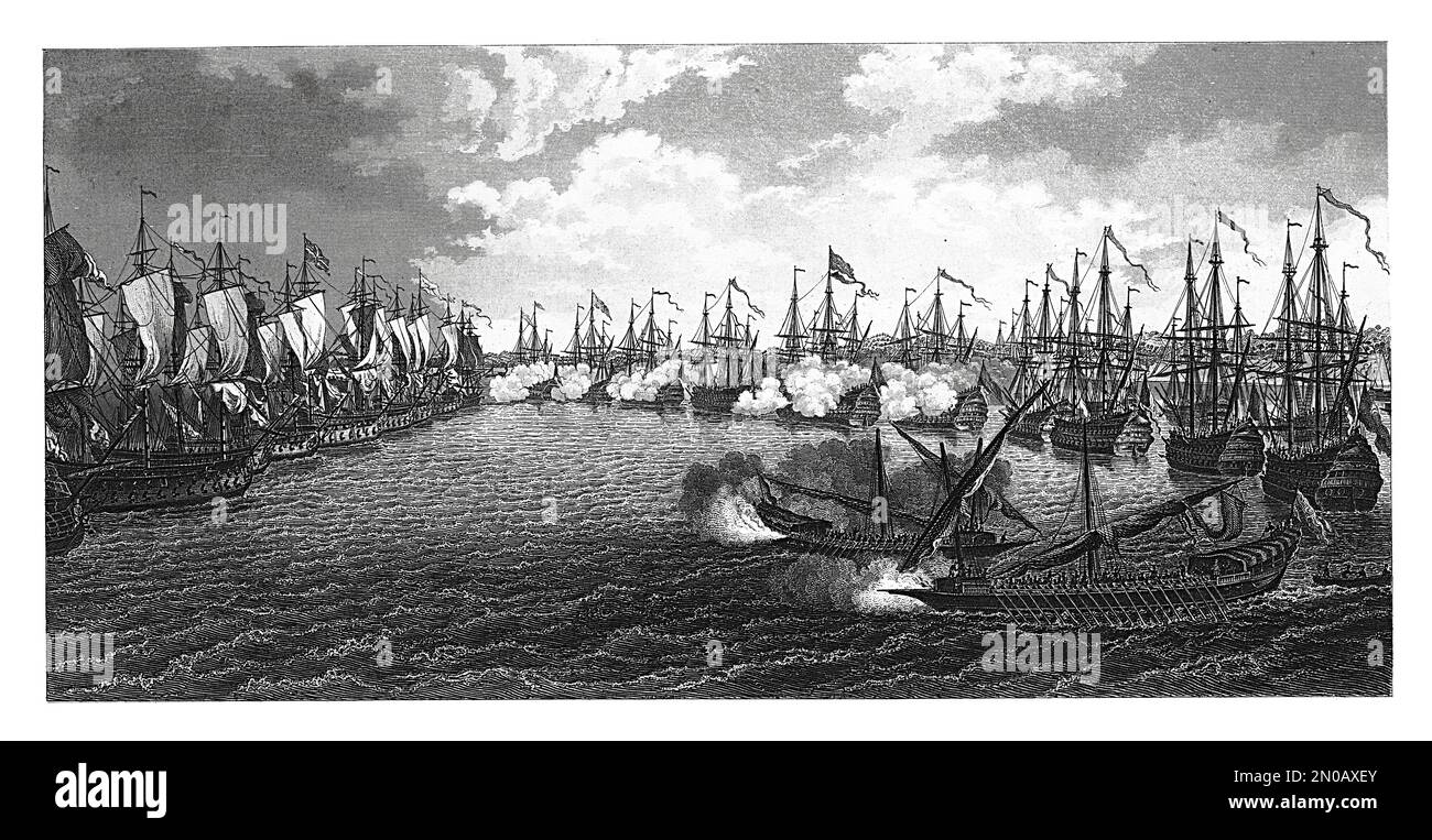 Illustration antique de 19th siècles représentant la bataille de Chesma. Il a eu lieu le 5 -7 juillet 1770 près et dans la baie de Chesma entre l'Empire ottoman an Banque D'Images