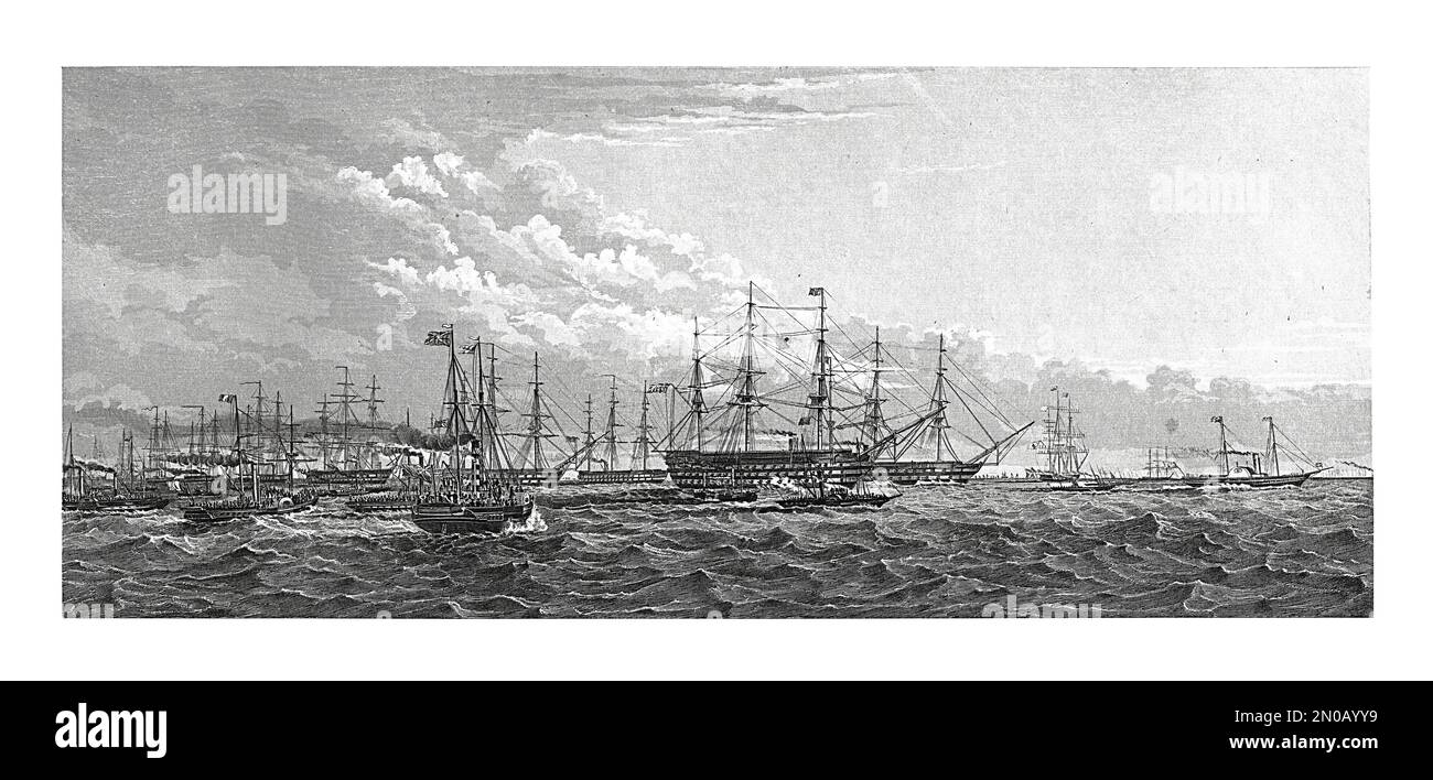 Illustration antique illustrant l'examen de la flotte de la Marine royale en tête d'Union en 1853. De gauche à droite : 1. Léopard, frégate de 12 canons; 2. Odin, vapeur Banque D'Images
