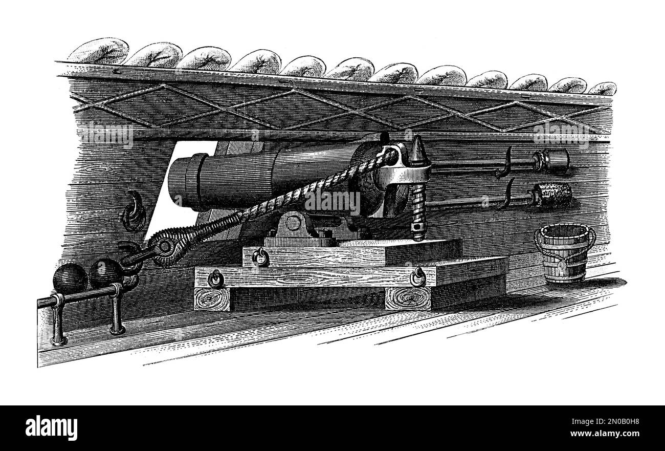 Gravure antique de 19th-siècle de la caronade sur un navire de guerre. Illustration publiée dans Systematischer Bilder Atlas - Kriegwesen und Seewesen, Ikonographi Banque D'Images