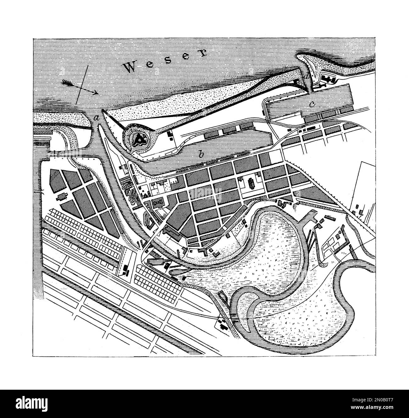 Illustration antique représentant le plan de Bremerhaven, Allemagne. Gravure publiée dans Systematischer Bilder Atlas - Kriegwesen und Seewesen, Ikonographi Banque D'Images
