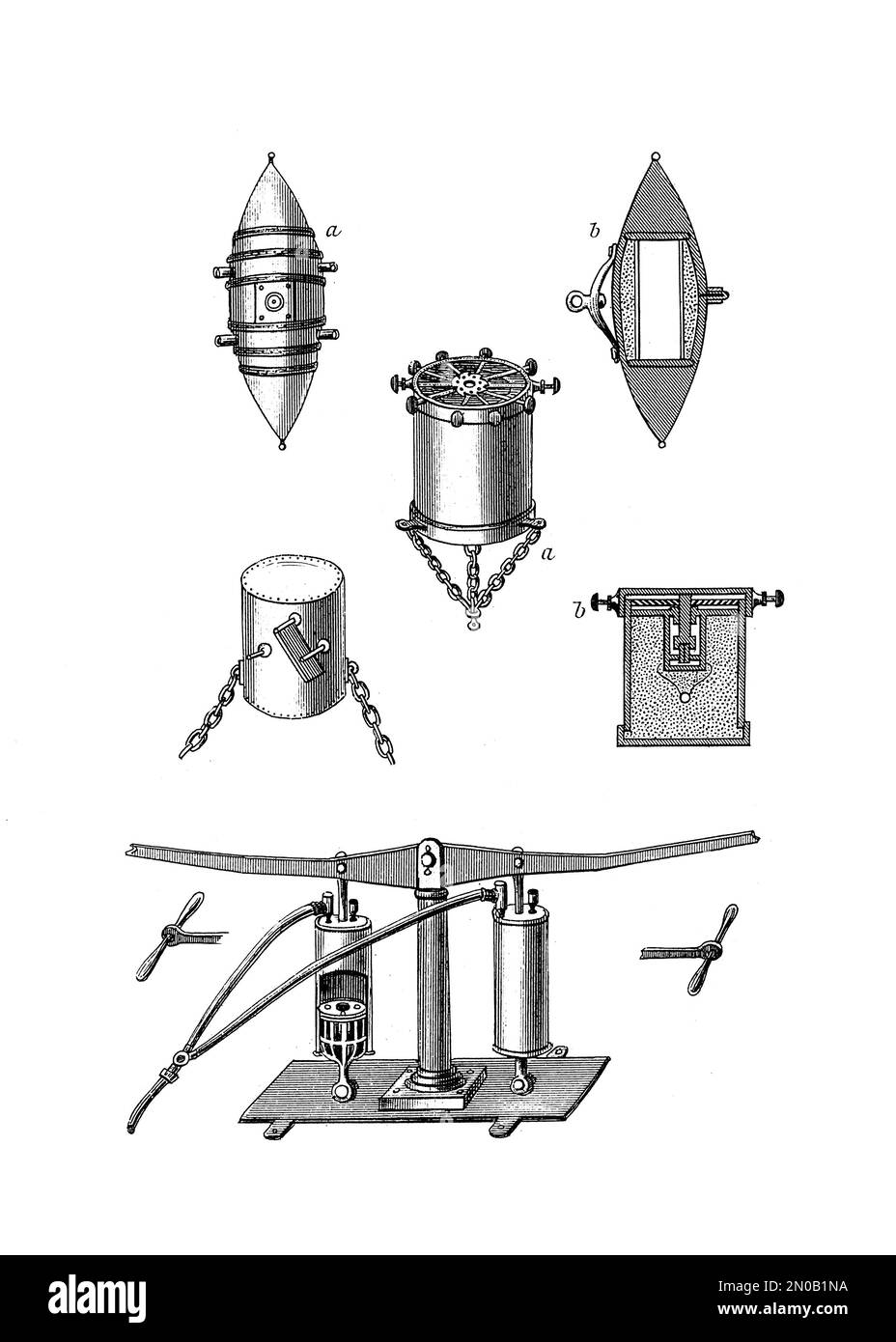 Illustration ancienne de torpilles et d'une pompe à air. Gravure publiée dans Systematischer Bilder Atlas - Kriegwesen und Seewesen, Ikonographische Encyk Banque D'Images