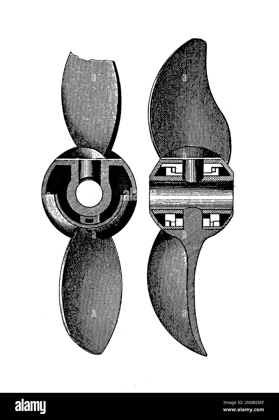 gravure au xixe siècle d'une première hélice marine et d'un mécanisme de propulsion à vis illustrant l'évolution de la technologie de propulsion des navires. Banque D'Images
