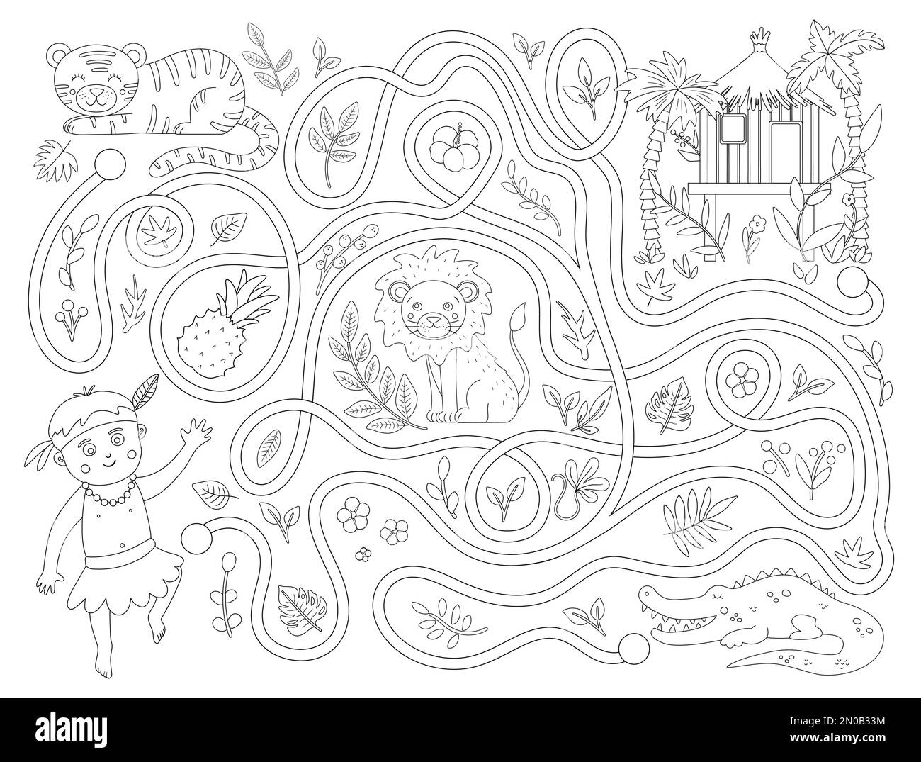 Labyrinthe tropical noir et blanc pour les enfants. Activité exotique préscolaire. Puzzle de jungle drôle avec les animaux africains mignons, les plantes, les fruits. Aidez le garçon à l'obtenir Illustration de Vecteur