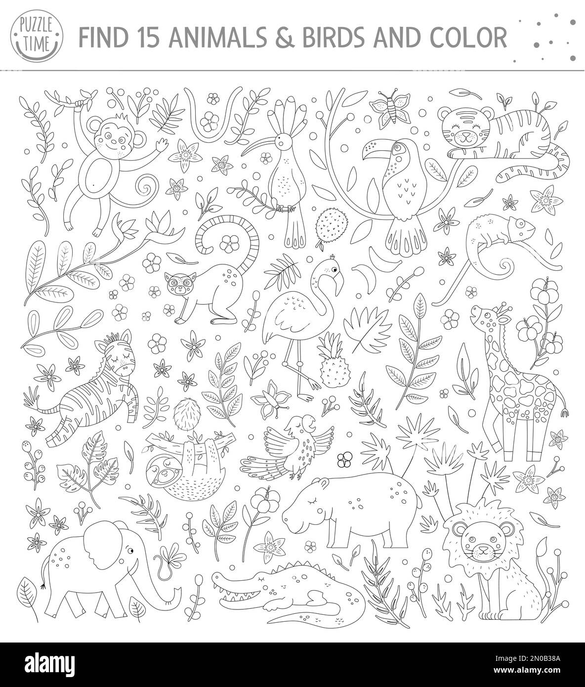 Jeu de recherche tropical noir et blanc pour les enfants avec des personnages drôles mignons. Trouvez des animaux et des oiseaux cachés dans la jungle et la couleur. Coloriage amusant p Illustration de Vecteur