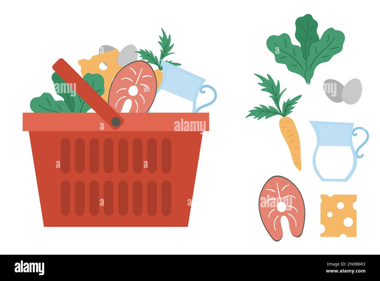 Panier d'achats Vector rouge avec icône produits isolée sur fond blanc. Chariot d'atelier en plastique avec légumes, poisson, produits laitiers. Une alimentation saine Illustration de Vecteur