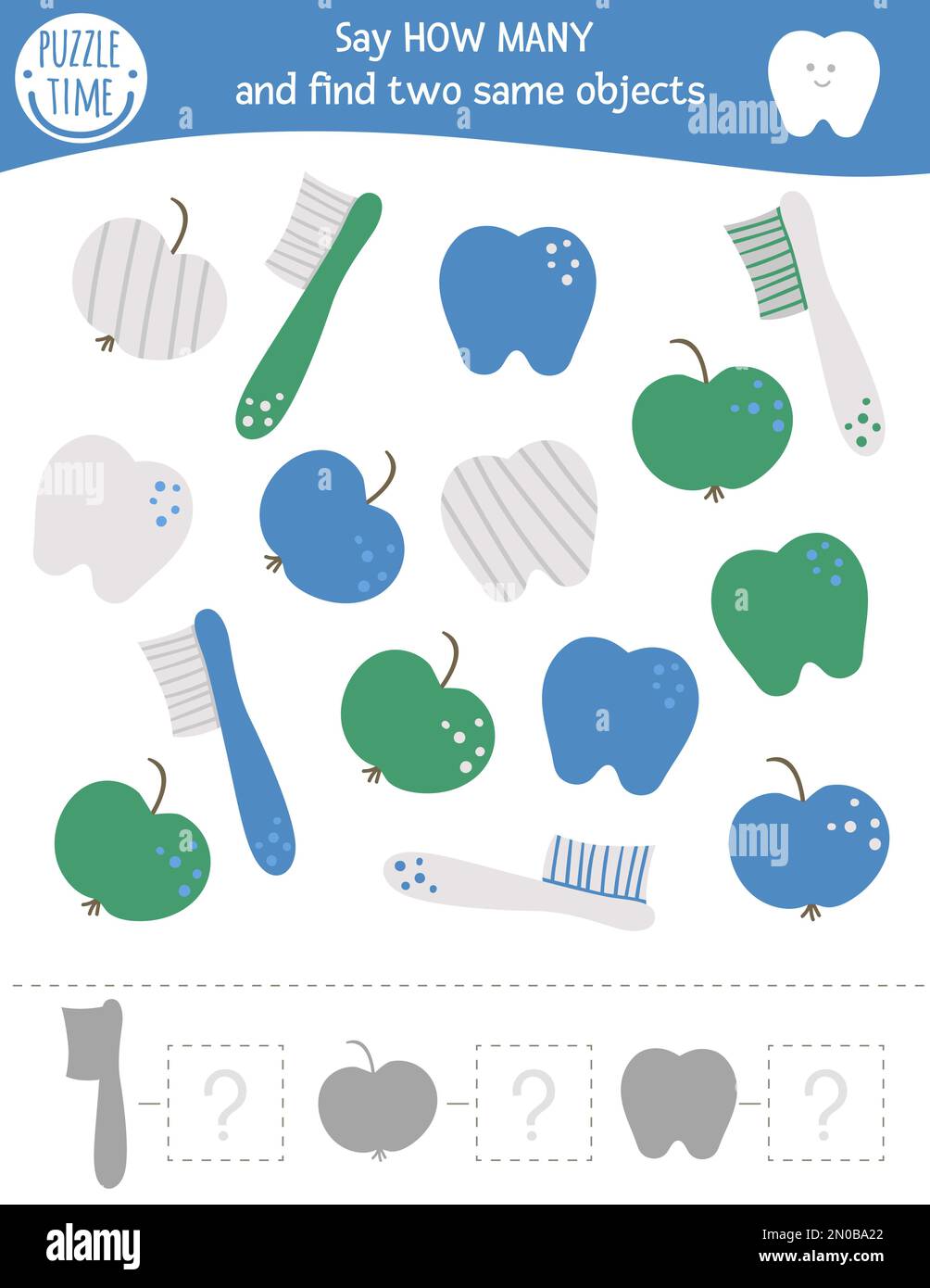 Jeu de comptage avec symboles de soins dentaires. Activité mathématique pour l'hygiène buccale pour les enfants d'âge préscolaire. Nombre d'objets de la feuille de calcul. Énigme éducative avec joli f Illustration de Vecteur
