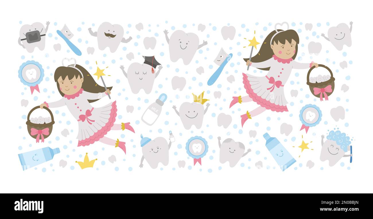 Cadre horizontal vectoriel avec jolie fée à dents. Modèle de carte avec princesse de fantaisie kawaii, brosse à dents souriante drôle, bébé, molaire, dentifrice, dents. F Illustration de Vecteur