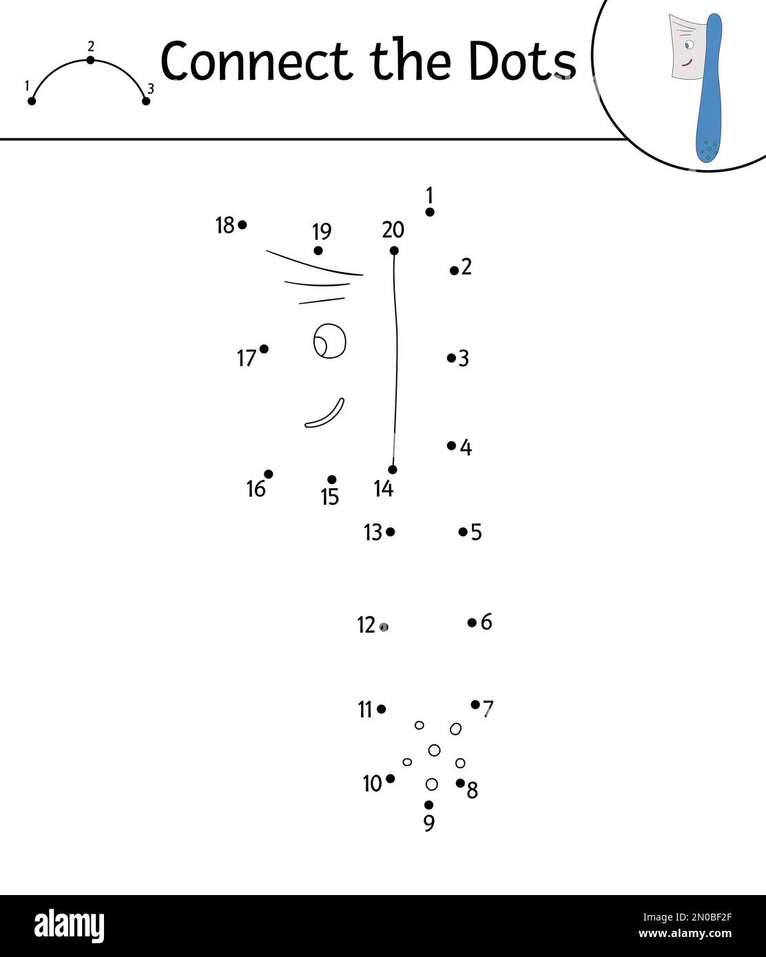 Activité vectorielle point à point avec la jolie brosse à dents kawaii. Connectez le jeu points. Drôle de soin des dents caractère. Contour de clipart sur le thème dentaire pour les enfants. Illustration de Vecteur