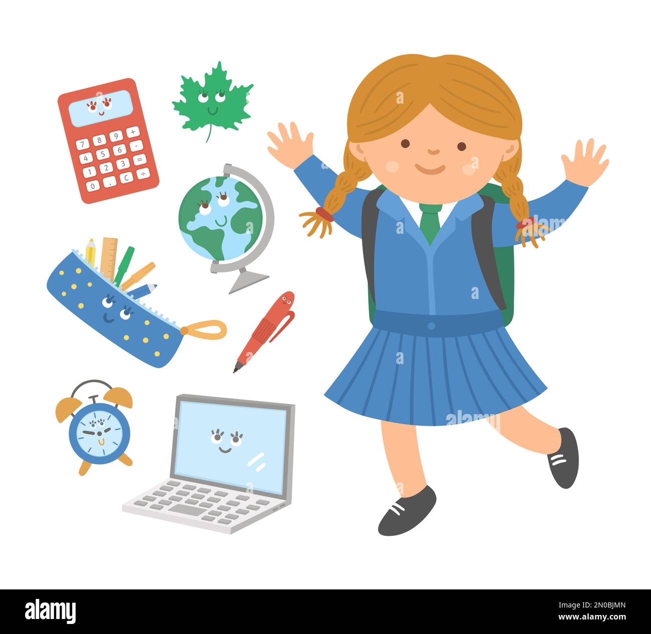 Mignonne bonbonne fille jumpant avec des objets kawaii style plat de salle de classe. Retour à l'école vecteur ensemble d'éléments souriants avec élève en uniforme. Éducation Illustration de Vecteur