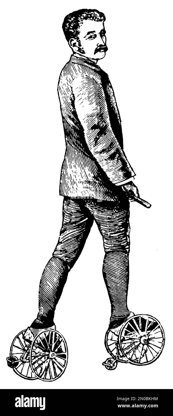 Illustration du XIXe siècle des premiers patins à roulettes du Systematischer Bilder-Atlas (conversations-Lexikon) de Heck, Brockhaus, Leipzig, 1844. Banque D'Images