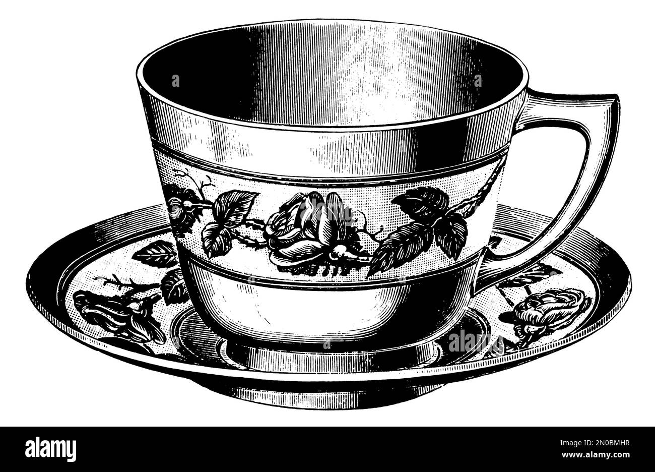 Gravure antique d'un théacup datant de 19th ans (isolée sur blanc). Publié dans Systematischer Bilder-Atlas zum conversations-Lexikon, Ikonographische en Banque D'Images