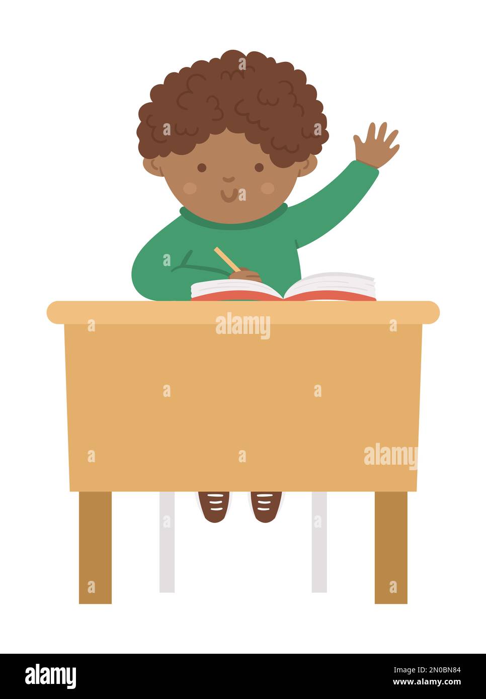 Vector mignon garçon d'école heureux assis à la réception avec la main vers le haut. Illustration de la salle de classe de l'école élémentaire. Un enfant à la peau sombre à la leçon. Garçon rea Illustration de Vecteur
