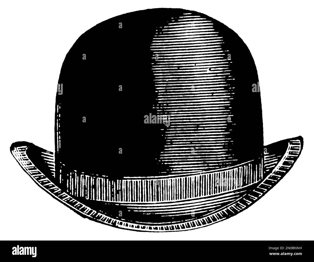 Gravure antique du XIXe siècle d'un chapeau melon, également appelé derby ou billycock, avec couronne arrondie et bord, isolé sur fond blanc, une mode Banque D'Images