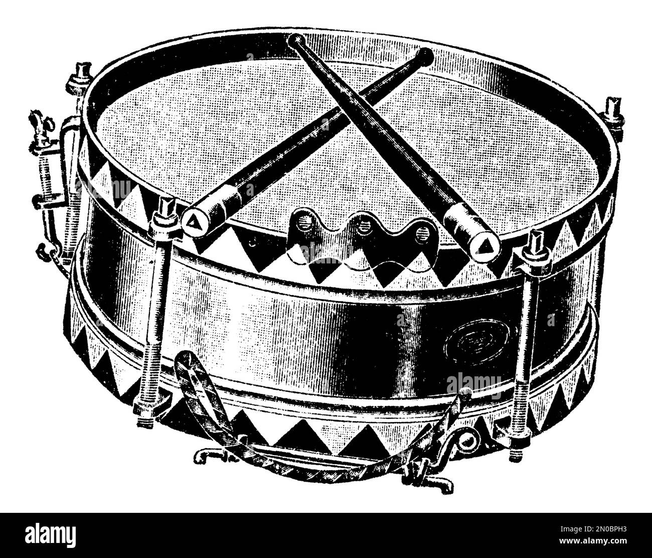 gravure d'un tambour datant de 19th ans (isolée sur blanc). Publié dans Systematischer Bilder-Atlas zum conversations-Lexikon, Ikonographische Encyklopedi Banque D'Images