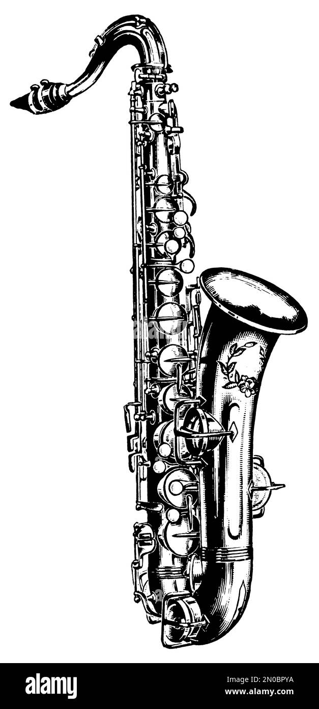 Illustration antique d'un saxophone datant de 19th ans (isolée sur blanc). Publié dans Systematischer Bilder-Atlas zum conversations-Lexikon, Ikonographis Banque D'Images