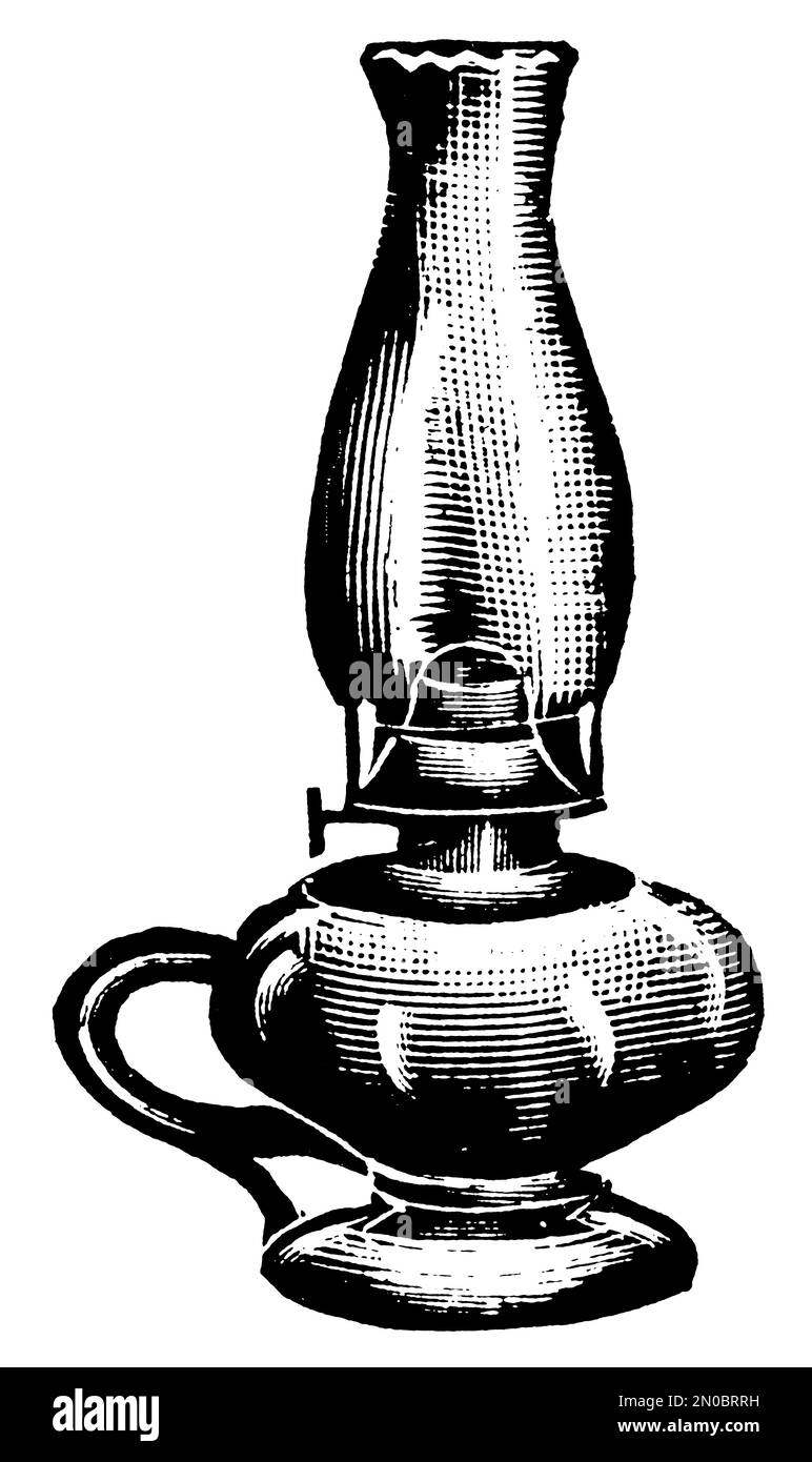 gravure du xixe siècle d'une lampe à huile montrant une vue de côté de l'ancien dispositif d'éclairage avec cheminée en verre, poignée, brûleur et réservoir, isolé sur un Banque D'Images