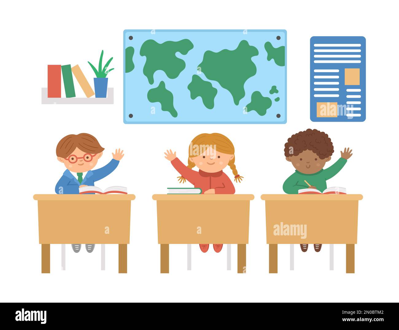 Vector mignon enfants d'école heureux assis au bureau avec les mains vers le haut. Illustration de la salle de classe de l'école élémentaire. Des enfants intelligents à la leçon. Garçons et gir Illustration de Vecteur