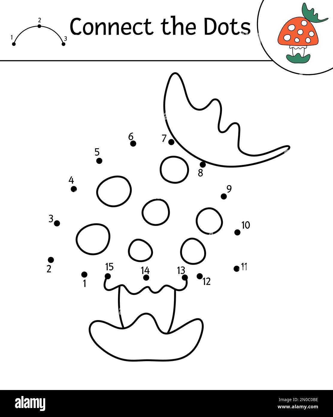 Vecteur d'automne point à point et activité de couleur avec un joli champignon et une feuille. La saison d'automne connecte le jeu de points. Page de coloriage drôle pour les enfants avec la forêt p Illustration de Vecteur