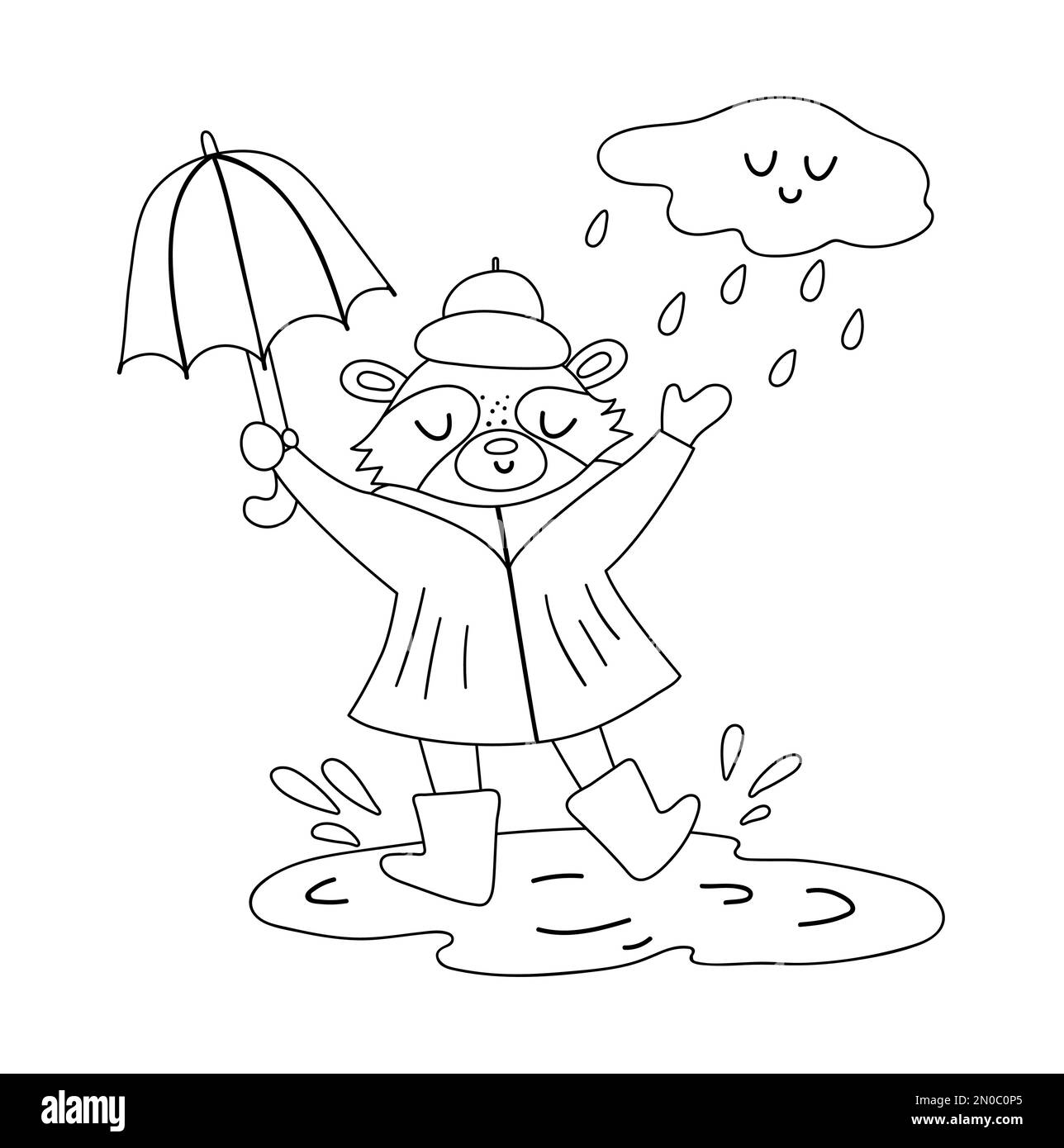 Mignon raton laveur noir et blanc sautant sous la pluie avec un parapluie. Caractère d'automne Vector Line art isolé sur fond blanc. Contour de la saison d'automne Illustration de Vecteur
