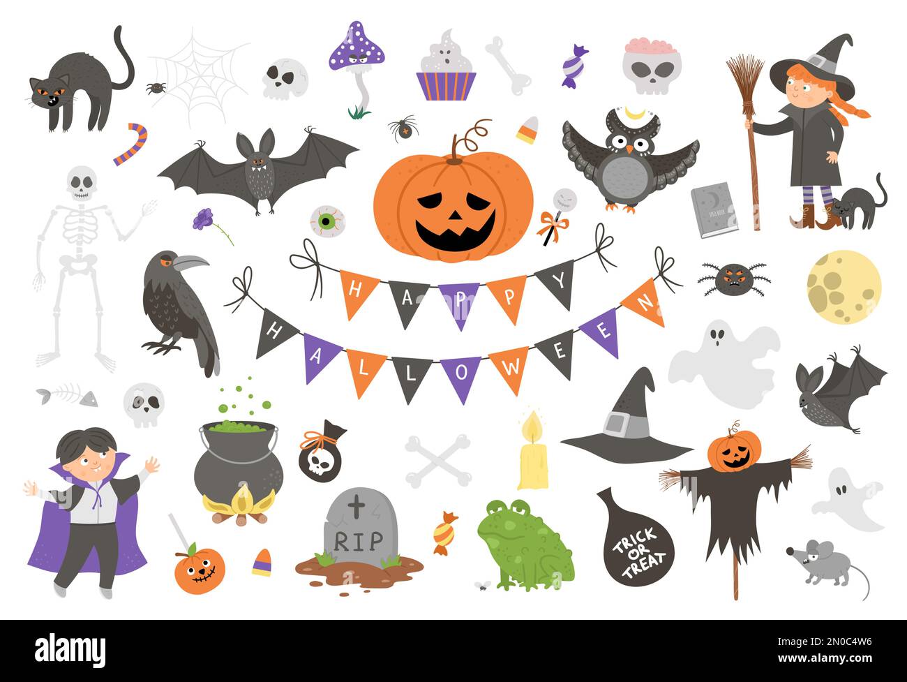 Grand ensemble d'éléments vectoriels pour Halloween. Traditionnelle fête de la fête de Samhain. Collection effrayante avec Jack-o-lanterne, araignée, fantôme, crâne, chauves-souris, sorcière, amp Illustration de Vecteur
