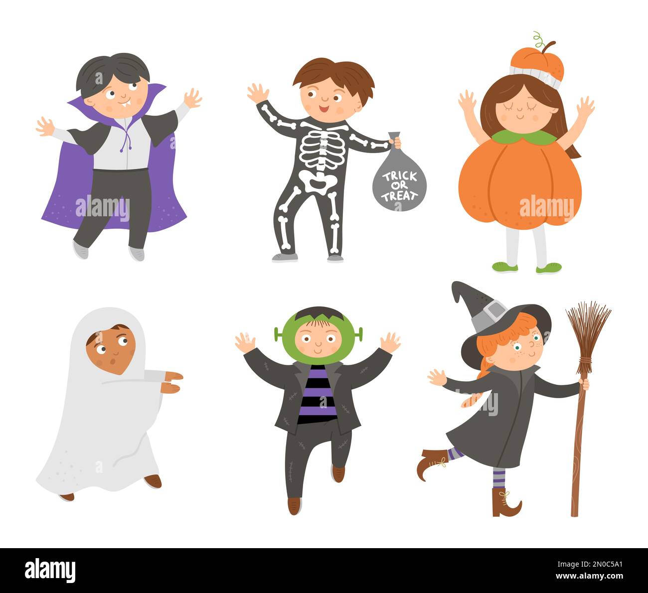 Ensemble de jolis personnages vectoriels Halloween. Enfants dans la collection de costumes effrayants. Drôle d'automne tous les saints de la veille illustration avec vampire, fantôme, potiron, Illustration de Vecteur