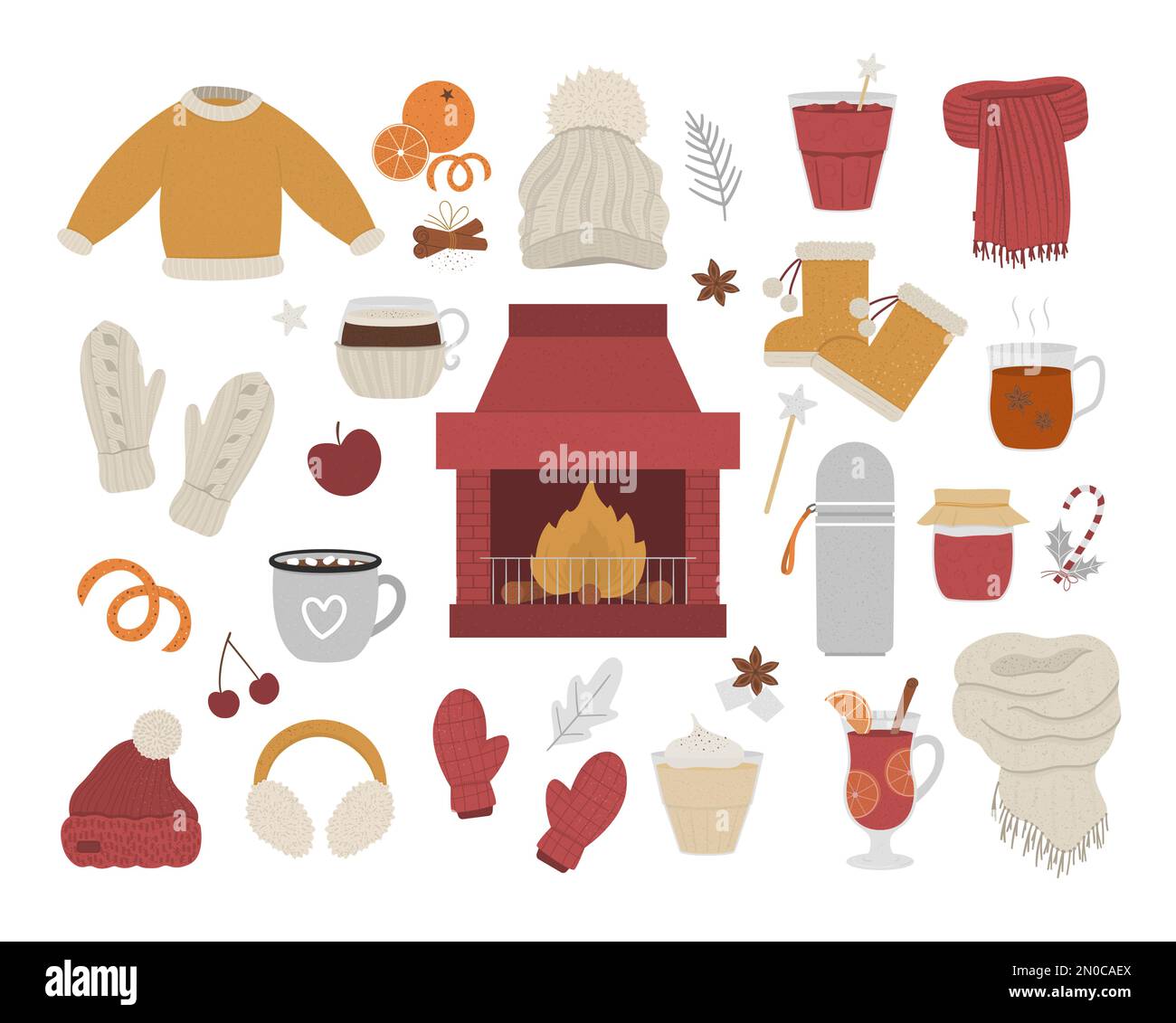 Vector confortable ensemble d'hiver avec cheminée et feu dans le centre. Illustration du réchauffement d'objets. Articles pour la saison froide. Nourriture, boissons, épices et vêtements à W Illustration de Vecteur