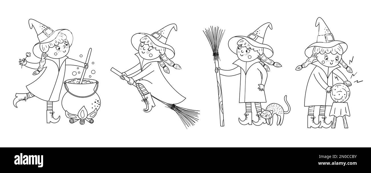 Ensemble de mignons sorcières vectorielles noir et blanc. Collection d'icônes de personnages d'Halloween. Drôle d'automne tous les saints surent la page de coloration avec la fille sur un balai, l'esprit Illustration de Vecteur