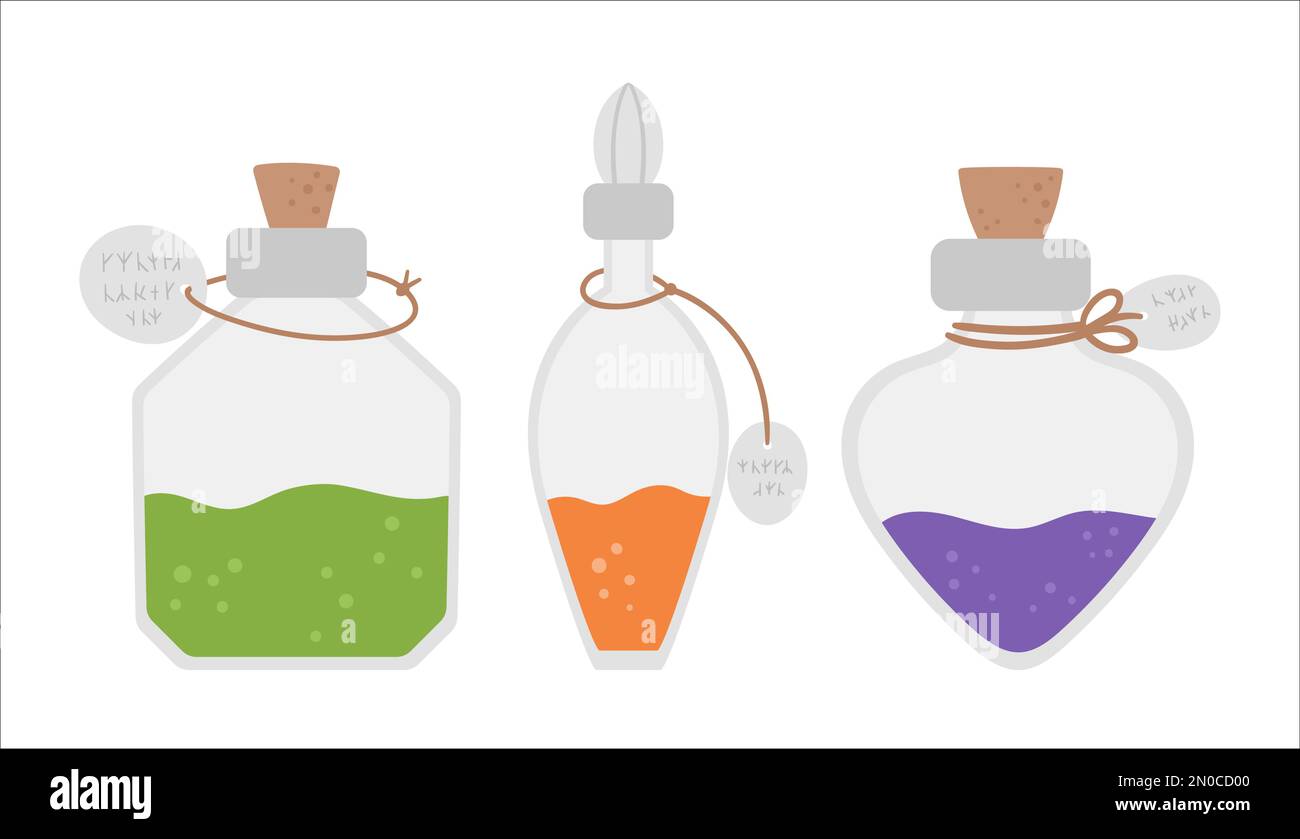Flacons vectoriels avec potion magique. Ensemble de jolis éléments en sorcellerie. Collection icônes Halloween. Automne tous les saints réveillon illustration avec des objets sorcières. Illustration de Vecteur
