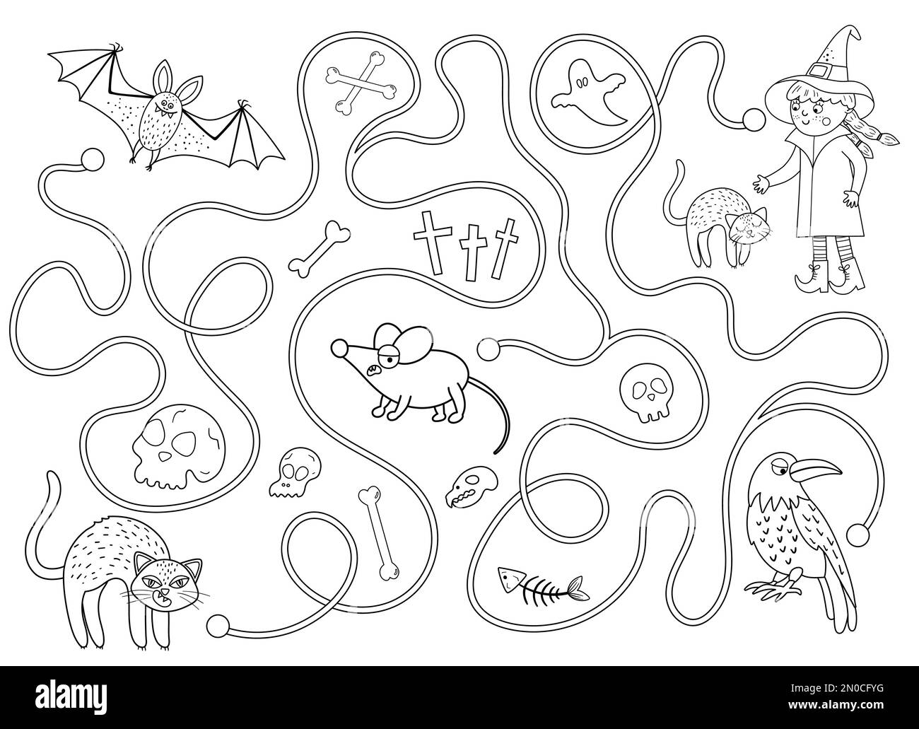Halloween labyrinthe noir et blanc pour les enfants. Activité éducative imprimable d'automne. Drôle de jour de la mort jeu ou puzzle avec chaton noir, Illustration de Vecteur