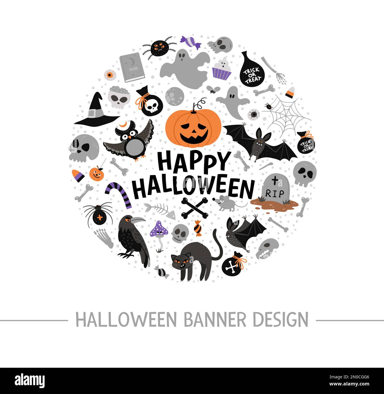 Cadre rond vectoriel avec éléments pour Halloween. Traditionnelle fête de la fête de Samhain. Design effrayant pour bannières, affiches, invitations. Jolie voiture de vacances d'automne Illustration de Vecteur