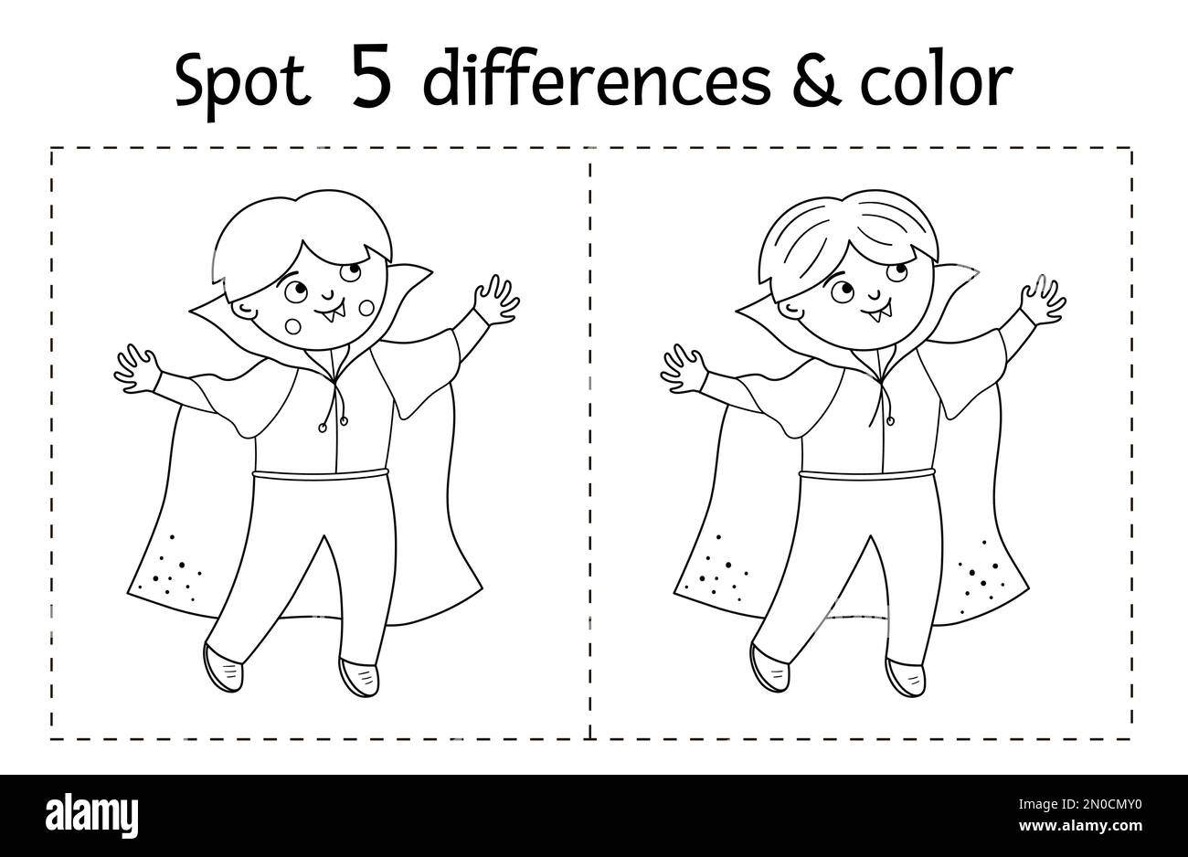 Halloween noir et blanc trouver des différences jeu pour les enfants. Activité éducative d'automne avec vampire drôle. Feuille de travail imprimable ou page de coloriage avec Illustration de Vecteur