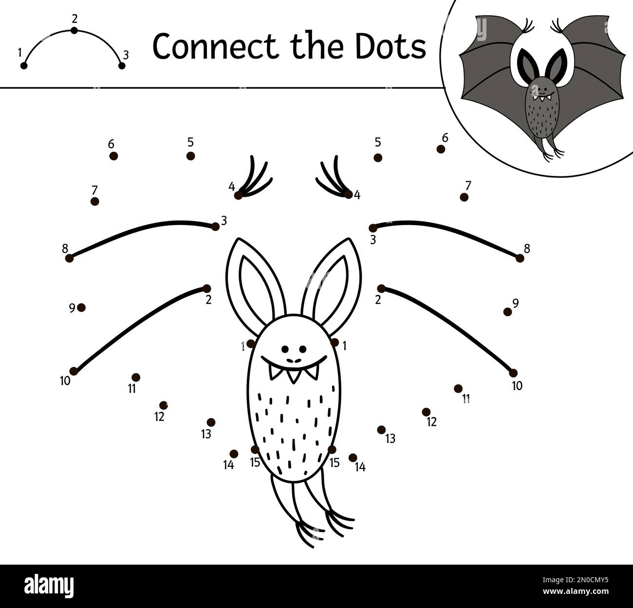 Vecteur Halloween point-à-point et activité de couleur avec chauve-souris mignonne. Vacances d'automne connecter le jeu de points. Page de coloriage drôle pour les enfants avec animal effrayant. Illustration de Vecteur