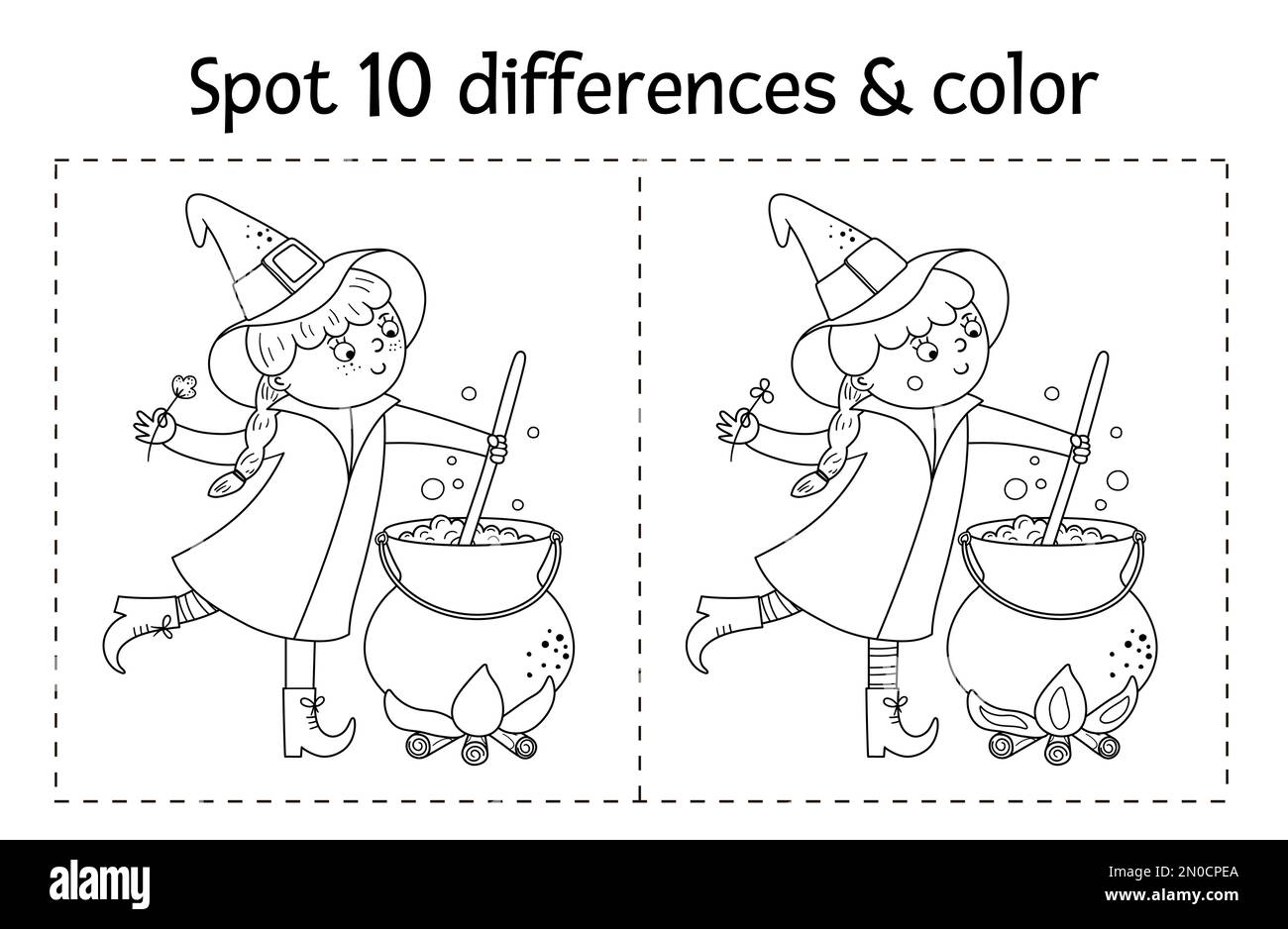 Halloween noir et blanc trouver des différences jeu pour les enfants. Activité éducative d'automne avec sorcière drôle, chou-fleur, chat. Feuille de travail imprimable ou Colo Illustration de Vecteur