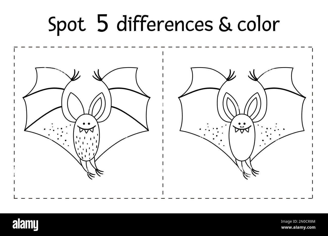 Halloween noir et blanc trouver des différences jeu pour les enfants. Activité éducative d'automne avec chauve-souris drôle. Feuille de travail imprimable ou page à colorier avec le sm Illustration de Vecteur