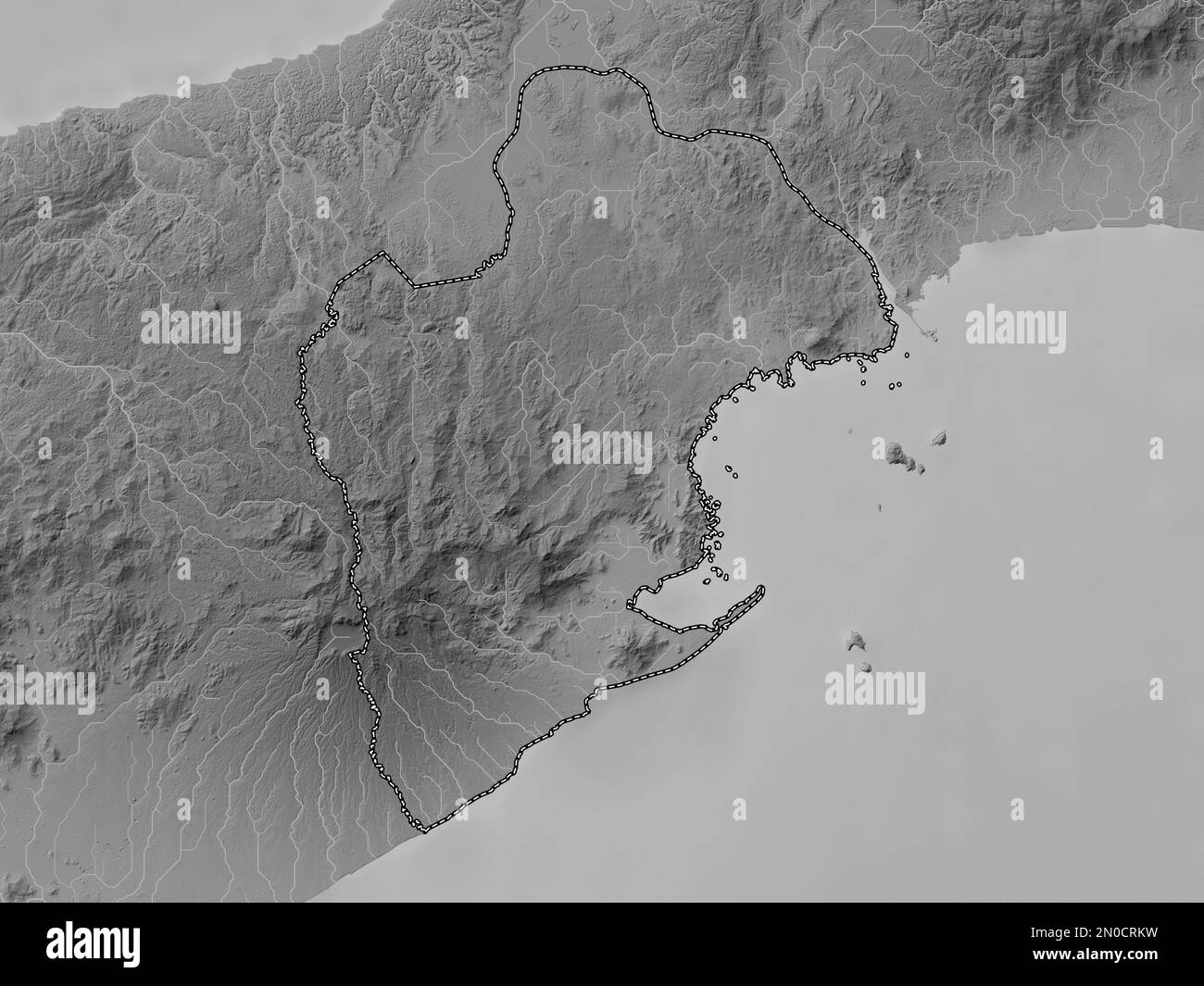 Panama Oeste, province de Panama. Carte d'altitude en niveaux de gris avec lacs et rivières Banque D'Images