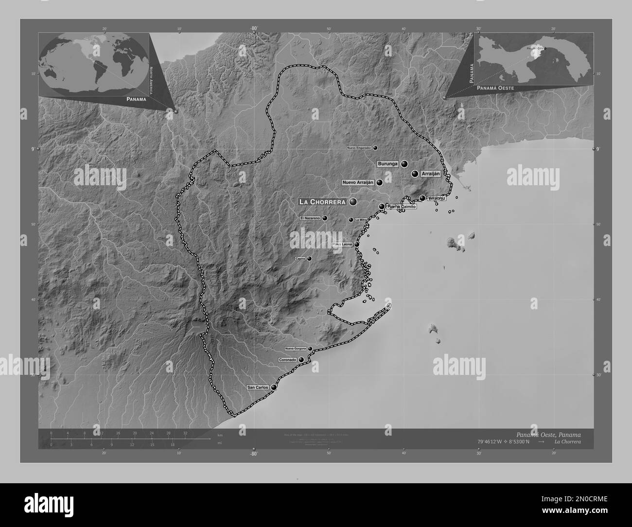 Panama Oeste, province de Panama. Carte d'altitude en niveaux de gris avec lacs et rivières. Lieux et noms des principales villes de la région. Angle auxiliaire l Banque D'Images