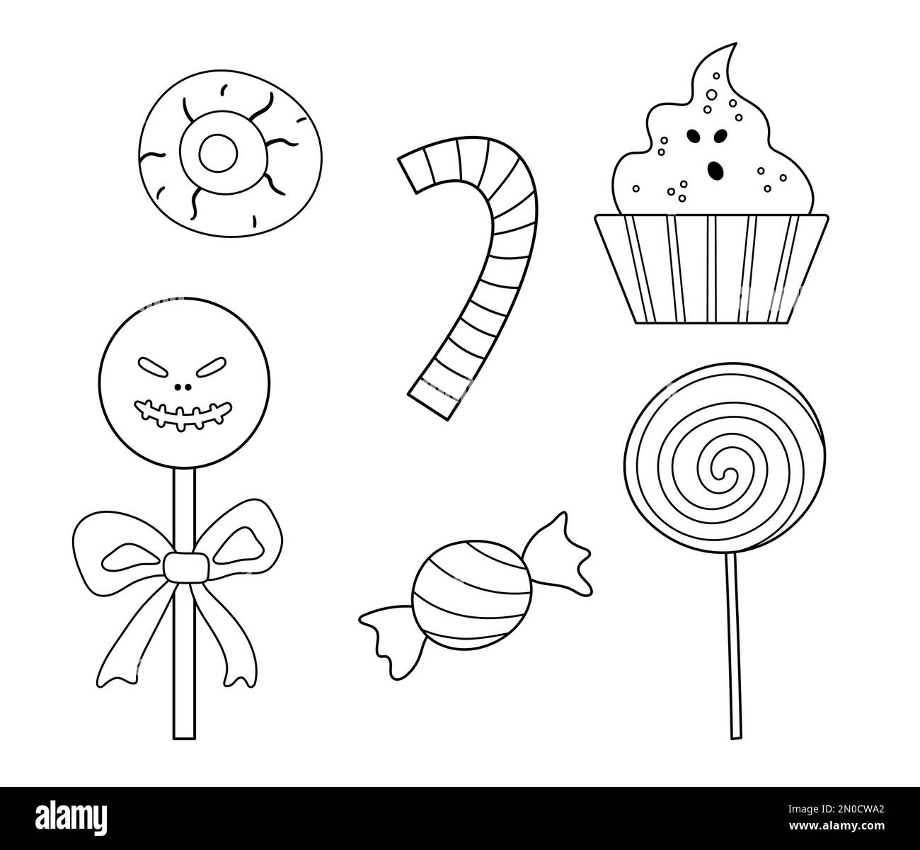 Ensemble de bonbons noirs et blancs vectoriels pour le jeu de trick ou de traite. Nourriture traditionnelle de fête d'Halloween. Collection de sucettes effrayantes, caramel, bâtonnets de bonbons. Gho Illustration de Vecteur