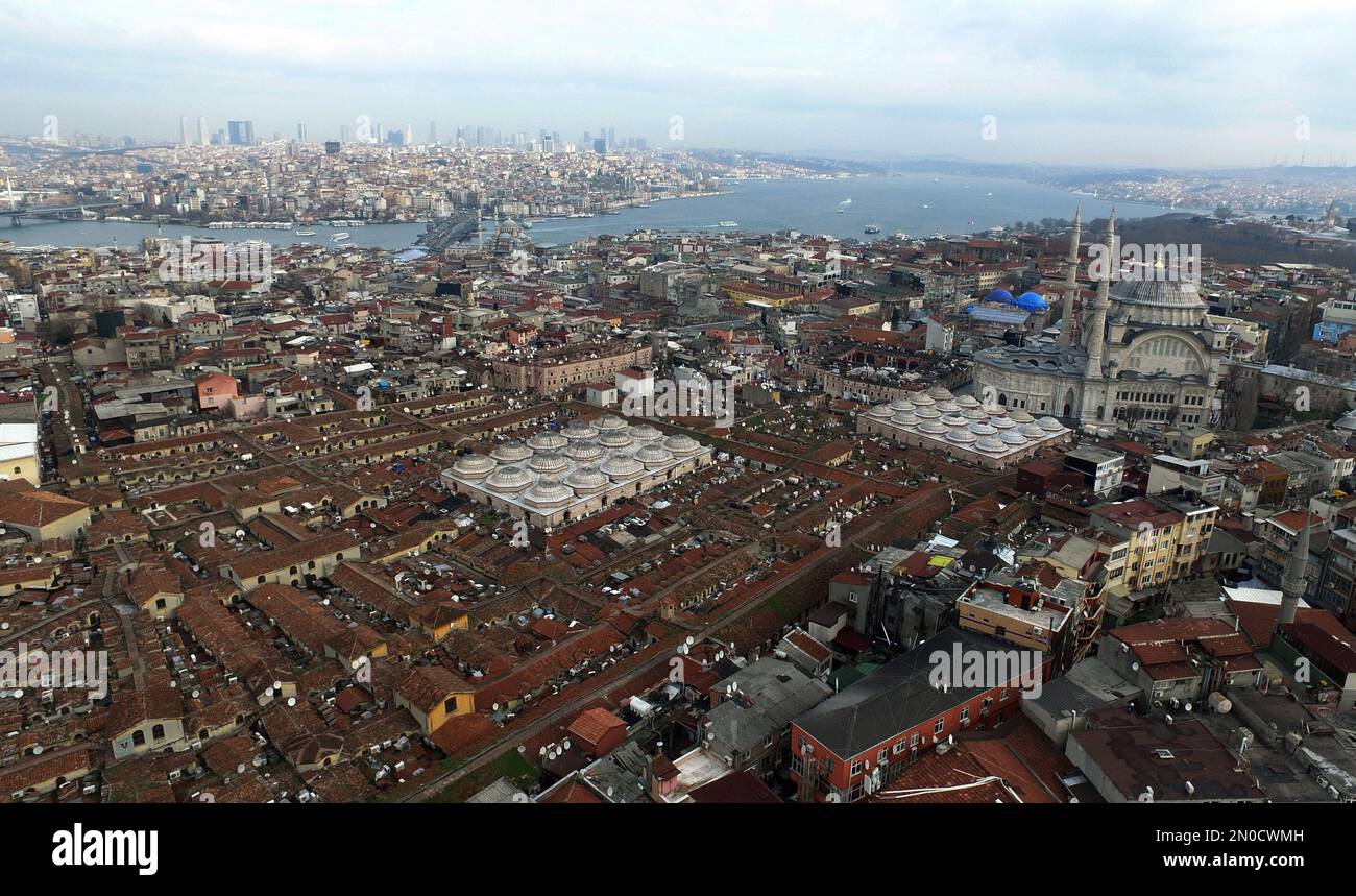 Aerial photo taken with a drone shows the roof of Istanbul's centuries ...