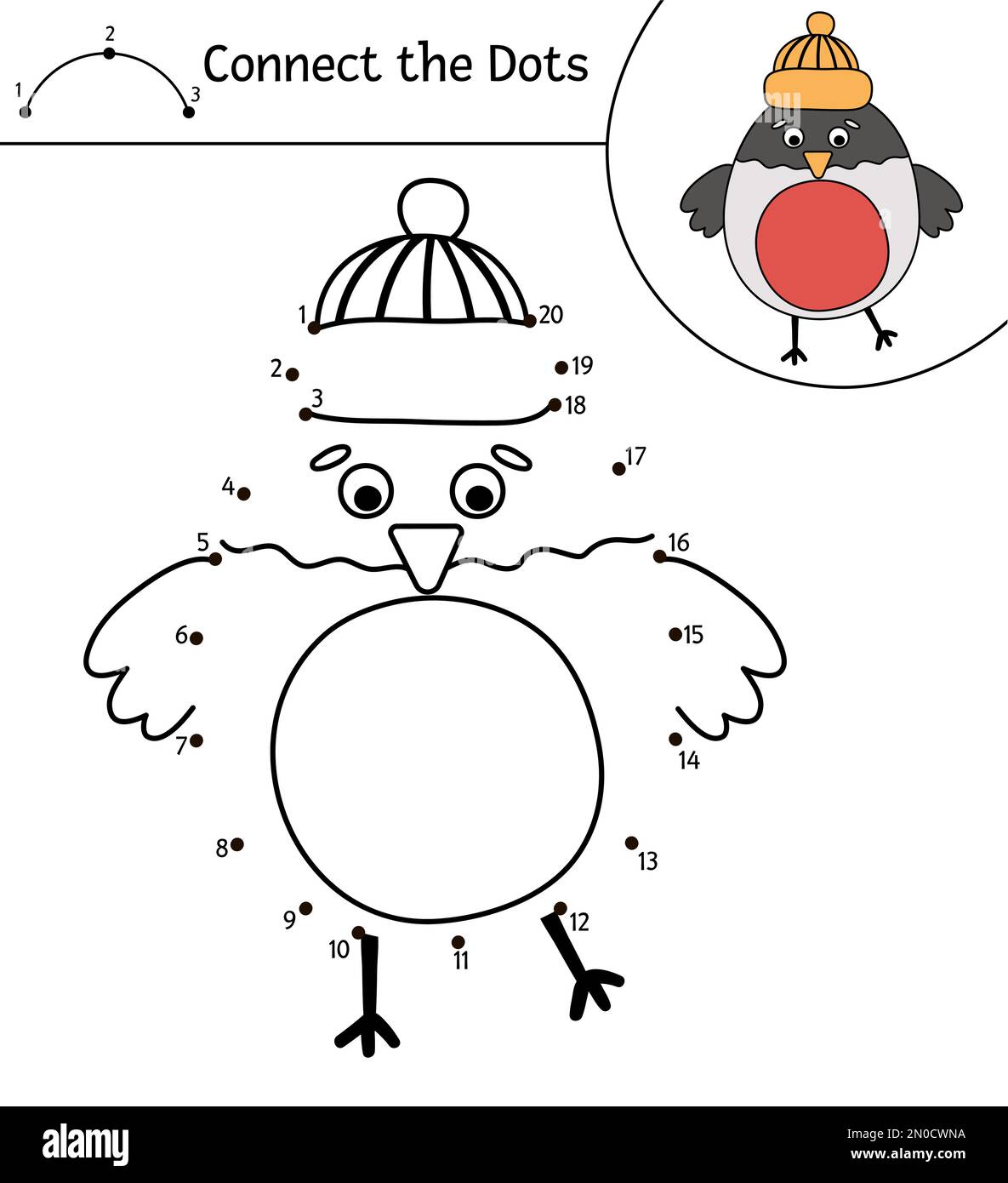 Activité vectorielle de Noël point-à-point et couleur avec de mignons banderoches. Vacances d'hiver connecter le jeu de points pour les enfants avec oiseau dans le chapeau. Coloriage amusant Illustration de Vecteur