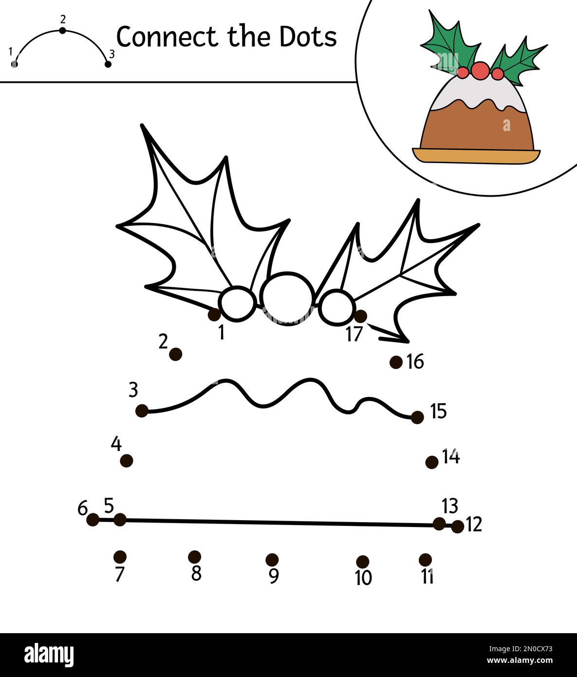 Activité de Noël vectorielle point à point et couleur avec un dessert mignon. Les vacances d'hiver vous permettent de créer un jeu de points pour les enfants avec un pudding à la cerise. Colorin amusant Illustration de Vecteur