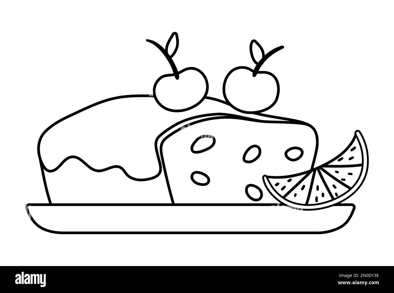 Gâteau de Noël noir et blanc vectoriel avec raisins secs, glaçage et cerises sur fond isolé sur fond blanc. Jolie illustration amusante de la pâtisserie du nouvel an Illustration de Vecteur