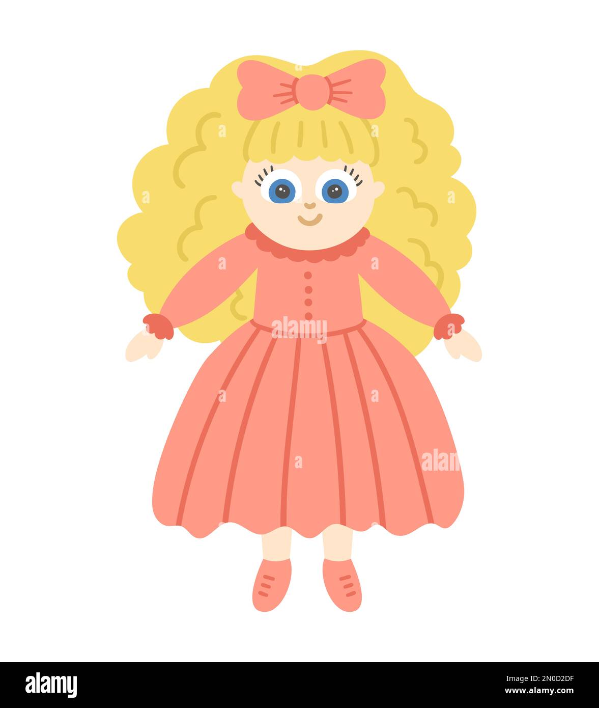 Poupée vectorielle isolée sur fond blanc. Adorable jouet fille avec cheveux blonds dans la robe rose illustration pour les enfants. Drôle de personnage souriant pour les enfants Illustration de Vecteur